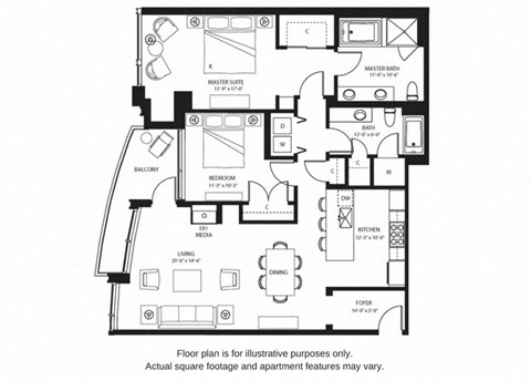 Floor plan for 2 beds, 2 baths, 1423 sqft